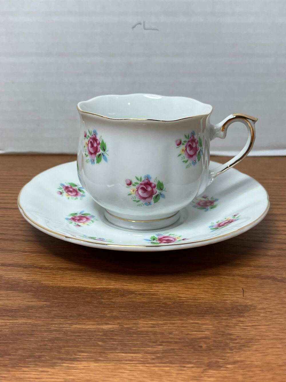 FTD Cat No 202 Tea Cup & Saucer Pink Roses Gold Trim Japan Vintage